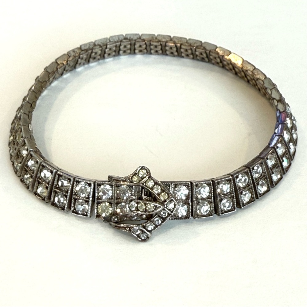 Art Deco Wachenheimer Sterling Silver Clear Rhinestone Belt Buckle Bracelet Vtg